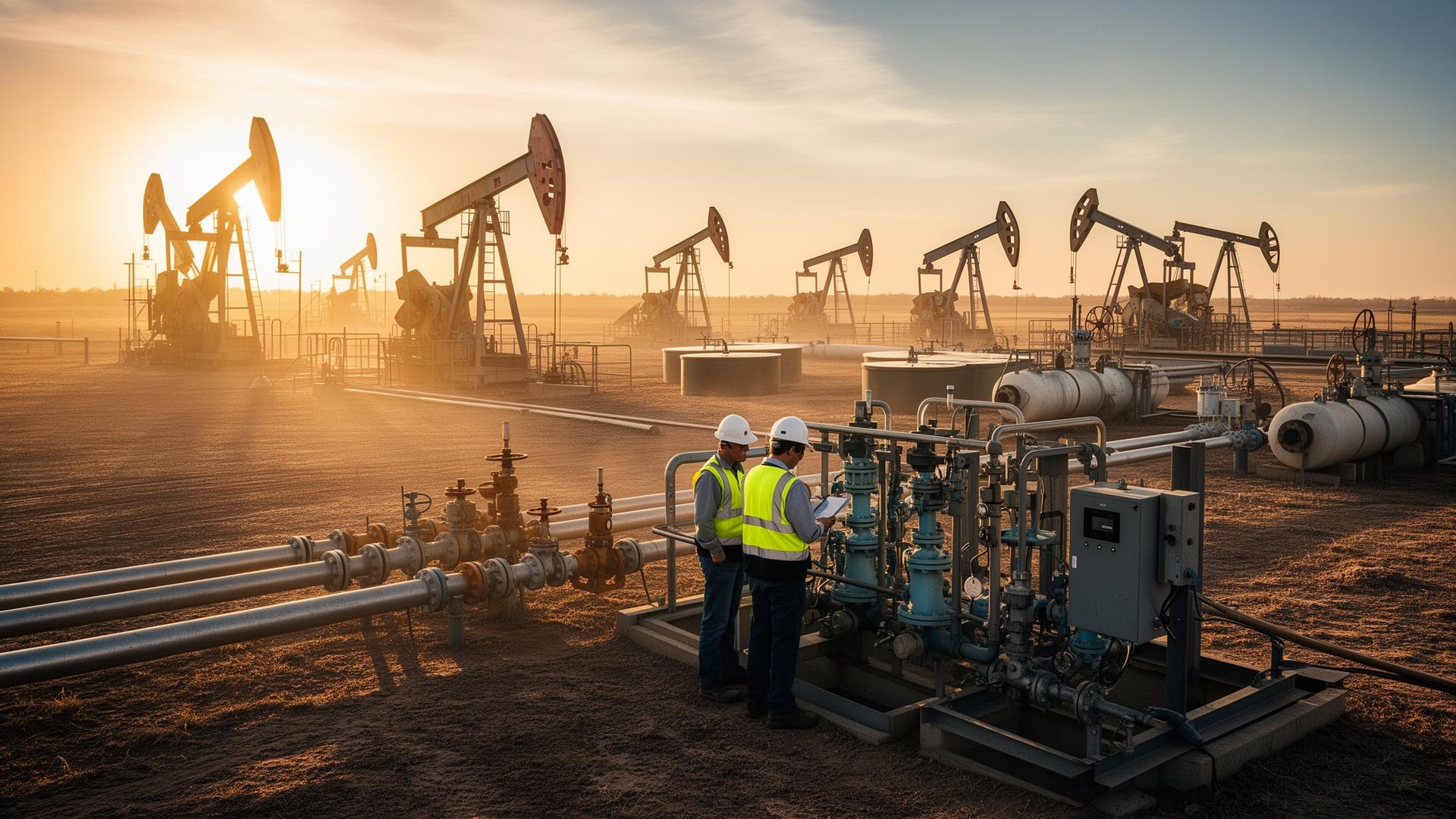 Upstream oil production site with water treatment equipment and engineers